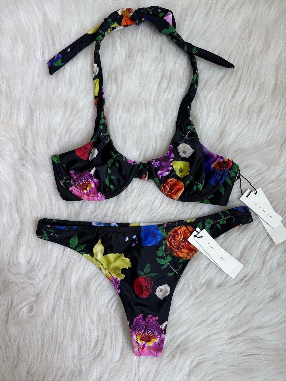 NWT Fleur Du Mal black floral halter bikini swim bathing suitz